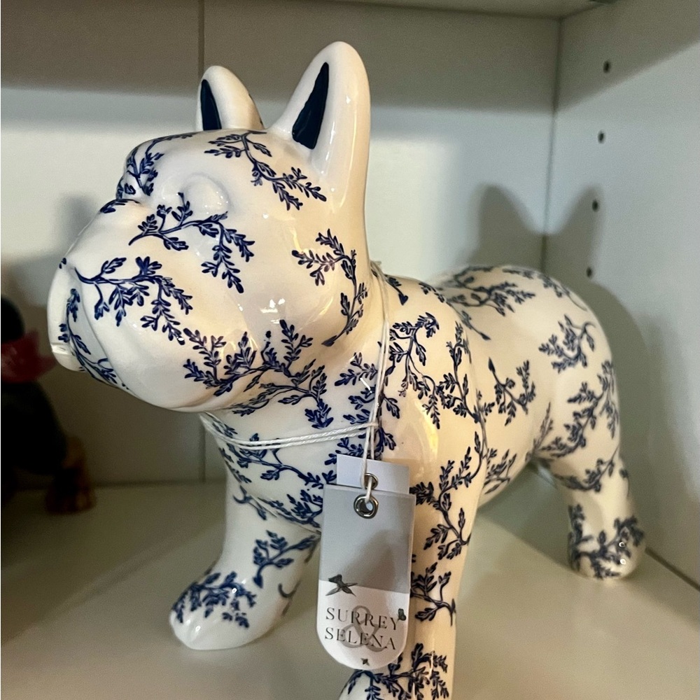 Floral Botanical Blue and White Ceramic FRENCH BULLDOG Figurine
